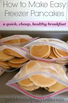 How to Make Easy Freezer Pancakes.  A quick, cheap, healthy breakfast.  How to make in large quantities.  Great for school mornings!