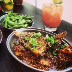 Sweet and Spicy Pork Bones at Bone Daddies in London. #edamame #cocktails #pork #wishlist
