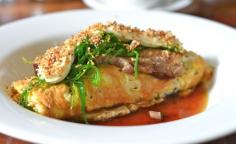 Shady Palms Cafe in Woolloongabba - Omelette of exotic mushrooms, pork belly, kewpie mayo, panko crumb in a master stock broth with wakame salad #mushroommania @Power of Mushrooms