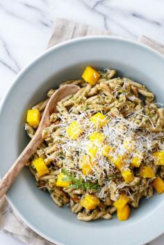 Arugula Pesto Pasta with Roasted Golden Beets