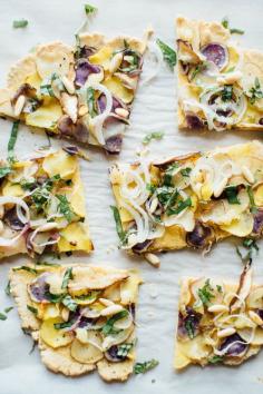 chickpea flour flatbread w/ new potatoes + basil | dolly and oatmeal