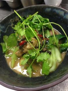 @DamianSnell of @Orient East  using our Jumbuck with a version of 'sup kambing' A hearty aromatic soup found in Malaysia and Singapore garnished with charred leek and chrysanthemum.