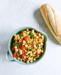 summer chickpea salad with honey garlic lime vinaigrette