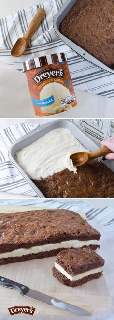 Brownie Ice Cream Sandwich: Dreyer’s Vanilla ice cream sandwiched between fresh-baked, ooey-gooey brownie goodness. Fire up the oven, spread on the ice cream, add your second layer of brownie and enjoy this fun, easy dessert!