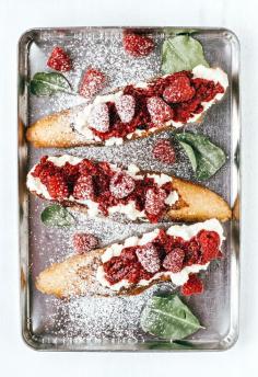 rustic french toast with roasted raspberries and almond ricotta