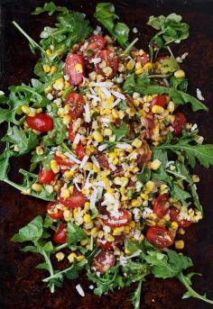 Grilled Corn, Tomato, Bacon and Arugula Salad with Tomato Basil Vinaigrette