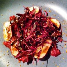 Karen Lateo @VanityFare1 A study in crimson: @GreenvaleFarm jumbuck carpaccio, puffed rice, radish, amaranth. @darrenmfc #onenightonly