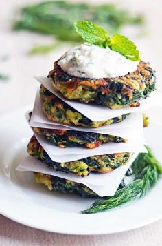 Zucchini, feta & spinach fritters with garlic tzatziki