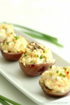 Potato Salad Bites -- perfect for your celebration this weekend! Portable bites of potato salad, great for entertaining! www.thereciperebe...