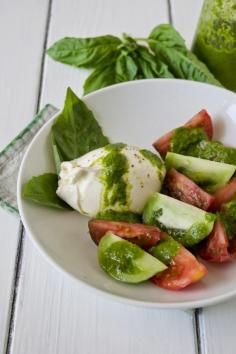 Heirloom tomato burrata salad with basil dressing