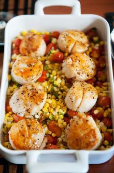 pan-seared scallops on fresh corn and roasted tomatoes