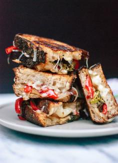 Balsamic roasted broccoli, red pepper and onion grilled cheese sandwiches