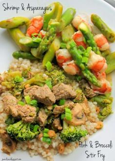Jo and Sue: Shrimp & Asparagus with Pork & Broccoli Stir Fry on Israeli Couscous