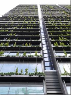 One Central Park in Sydney's Chippendale ~ Critically-acclaimed for using green energy and building an underground self-sustainable water retention system that pumps water up to residents and retail facilities of the entire complex, the residential towers also incorporate a ‘living forest’ of flora and fauna on its balconies.