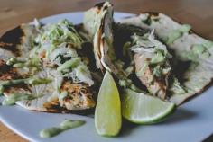Chicken Tacos with Cilantro Slaw & Avocado Cream