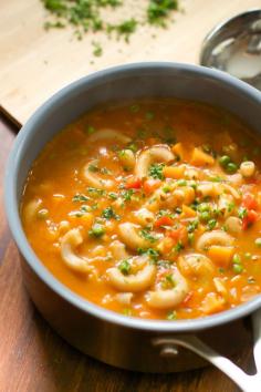 Pasta Soup with Sweet Potato and Peas