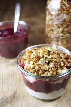 YOGURT PARFAITS WITH CRAN-RASPBERRY COMPOTE AND HONEY ALMOND GRANOLA