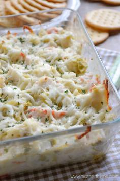 
                    
                        Hot Crab and Artichoke Dip. Ingredients: mozzarella, parmesian, mayo, diced onion, imitation crab meat, artichoke hearts, and garlic powder.
                    
                