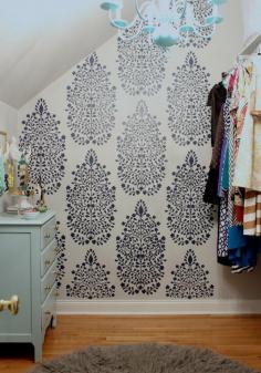 One Room Challenge Fall 2014: Week 6 Reveal Glam Closet with Stencil Accent Wall, Chandelier and DIY dresser www.simplestyling...