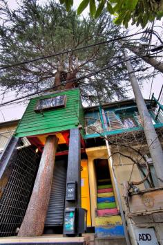 Treehouse Hideaway Cafe on the north side of Harajuku, towards Yoyogi. A funky stairway leads up to a second story, green building that wraps around an enormous pine tree. Further up the tree is an open air platform. The treehouse was created by Kobayashi Takashi (小林崇). Kobayashi has created treehouses all over Japan.