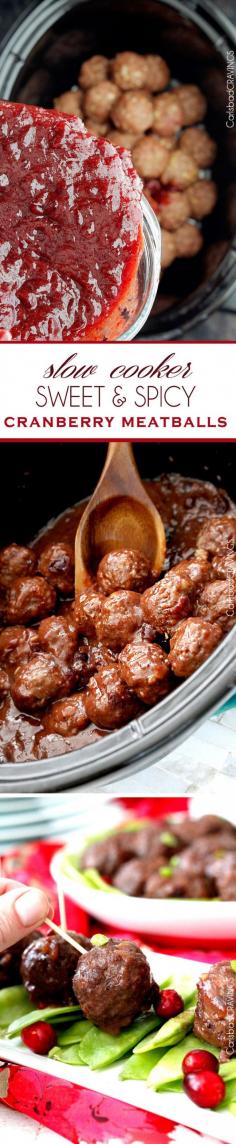 Sweet and Spicy Cranberry Meatballs (Slow Cooker) | perfect party meatball for Christmas Eve or New Years Eve or any Eve that everyone will love and so easy, moist and seeping with flavor from the slow cooker and INCREDIBLE sauce! #appetizer #meatballs #crockpot