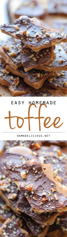 
                    
                        Easy Homemade Toffee - An unbelievably easy, no-fuss, homemade toffee recipe. So addictive, you won't want to share!
                    
                