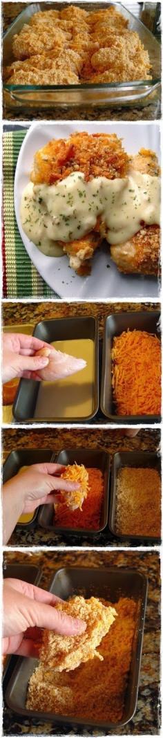 Crispy Cheddar Chicken Time: 15 minute prep + 35 minutes baking Yield: 7 servings Recipe from adapted from What’s Cookin’ Chicago via Pinterest PRINT RECIPE PRINT RECIPE WITH PICTURE Chicken: 4 large chicken breasts 2 sleeves Ritz crackers 1/4 t salt 1/8 t pepper 1/2 C milk 3 C cheddar cheese, grated 1 t dried parsley Sauce: 1 10 ounce can cream of chicken soup 2 T sour cream 2 T butter