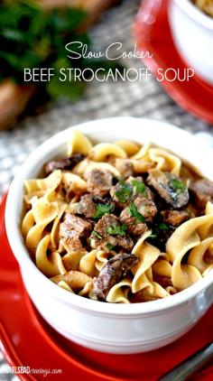 
                    
                        Slow Cooker Beef Stroganoff Soup | Savory, flavorful EASY comfort! Melt in your mouth beef simmered, tenderized and spiced with onions, garlic, Worcestershire sauce, Dijon, and spices in creamy mushroom broth.
                    
                