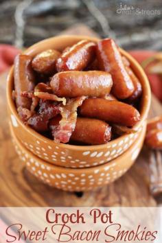 
                    
                        Crock Pot Sweet Bacon Smokies ~ Delicious Smokes Covered in Butter and Brown Sugar and Loaded with Bacon! Perfect Appetizer for Anytime!
                    
                