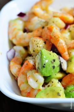 Shrimp Avocado Salad Recipe - use small shrimp, add diced mango, add diced apple, add lemon lime juice to shrimp, use less red wine vinegar, add diced pineapple, maybe use cilantro instead of parsley #Healthy #Food #EatClean #Happy #Fresh #EcoGenics #HealthyLiving #HealthyEats