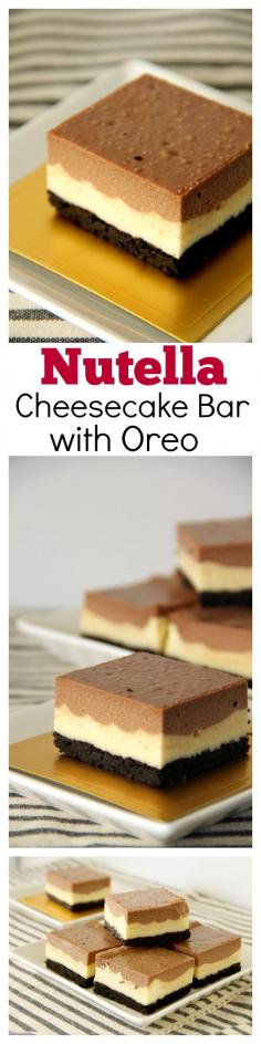 Nutella Cheesecake Bar with Oreo Base. To-die-for and the most AMAZING cheesecake bar ever! Get the recipe at rasamalaysia.com  Swap for peanut butter?