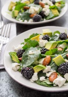 
                    
                        baby kale + blackberry salad with ricotta salata, avocado + rosemary honeyed almonds
                    
                