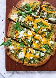 
                    
                        Butternut Ribbon Goat Cheese Pizza with Arugula-Pepita Pesto
                    
                