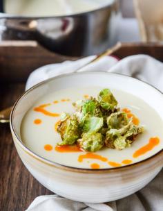 
                    
                        creamy roasted garlic potato soup with crispy brussels
                    
                