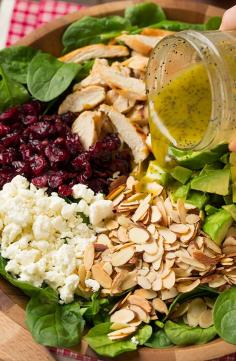 
                    
                        Cranberry Avocado Spinach Salad with Chicken and Orange Poppy Seed Dressing
                    
                