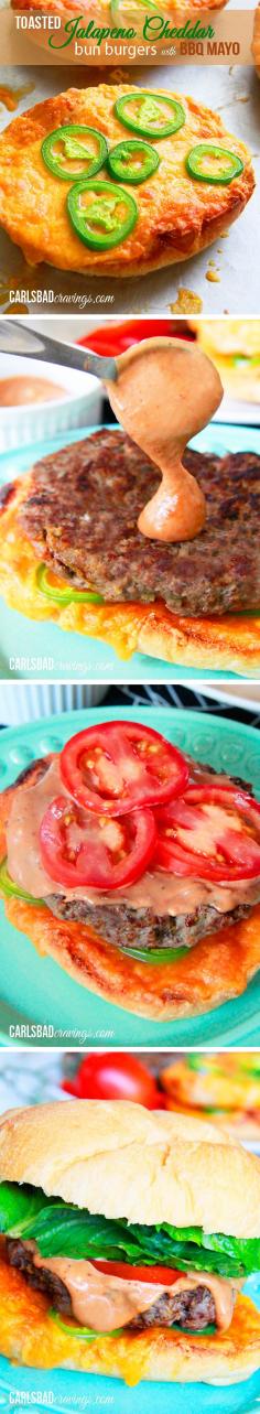 Toasted jalapeno cheddar bun burgers with bbq mayo