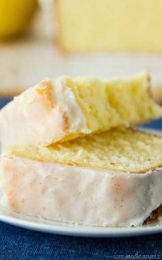 Lemon Pound Cake 1¾ c flour 1¼ c sugar 2 sticks butter 5 eggs ⅓ c sour cream ½ tsp baking powder ½ tsp salt Zest of 3 lemons 3 T lemon juice ½ tsp lemon extract ½ tsp vanilla Lemon simple syrup: ¼ c sugar ¼ c lemon juice Vanilla bean glaze: ½ c powdered sugar 1 T milk ¼ tsp vanilla bean paste pinch of salt Bake @ 325F in 9x5 pan for 1 hour