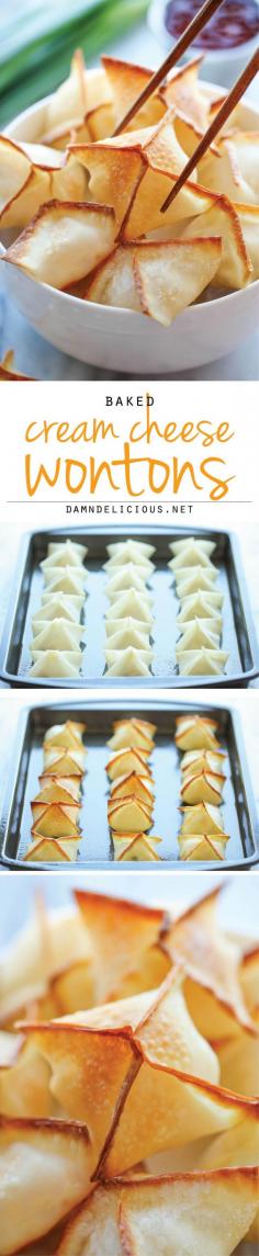 
                    
                        Baked Cream Cheese Wontons - No one would ever believe that these crisp, creamy wontons are actually baked, not fried! And they're so easy to make!
                    
                