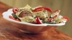 Pesto, chicken, ravioli an easy and impressive weeknight meal and I think the red bell pepper really makes this dish shine. Thank you Betty Crocker!