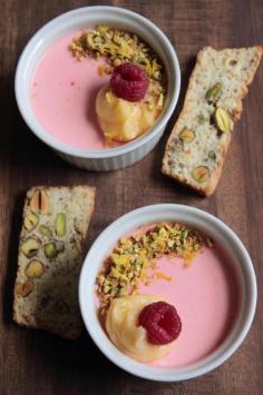 
                    
                        RASPBERRY POSSETS, LEMON CURD AND PISTACHIO THINS
                    
                
