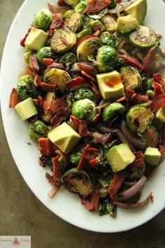 Ingredients: 4 strips turkey bacon, ½ red onion, thinly sliced 2 teaspoons olive oil 1 pound Brussels Sprouts, trimmed and halved ½ cup chicken stock 1 medium avocado, cut into chunks 2 tablespoons olive oil 2 tablespoons balsamic vinegar kosher salt and black pepper to taste. Great for phase 3 of the fast metabolism diet!