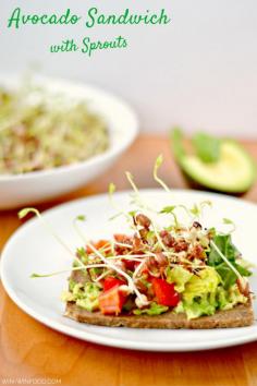 Avocado Sandwich with Sprouts| WIN-WINFOOD.com #Wholegrain slice of bread with a generous avocado layer, veggies and homemade bean sprouts. This hearty #avocado sandwich with sprouts is full of amazing flavors and unbelievably good for you! #vegan #cleaneating #healthy #wholegrain