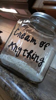 Cream of Anything Dry Soup Mix | 1 cup non-fat dried milk 3/4 cup cornstarch 1/4 cup bouillon - use whatever kind (ie, beef, veggie) 4 Tbs freeze dried minced onions 1 tsp dried basil 1 tsp dried thyme 1 tsp pepper Mix and store. To use mix 1/3 cup dry mix with 1 1/4 cup water for one can of soup. Cook until thick. Add bits as needed (ex - chopped mushrooms for cream of mushroom soup)