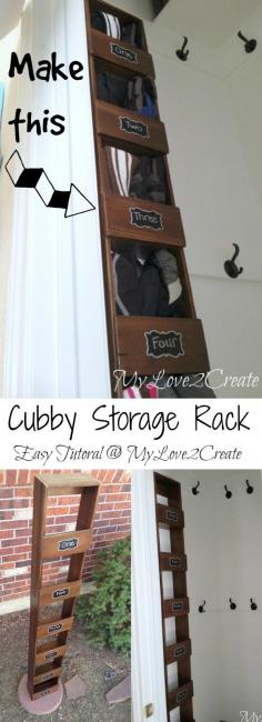 
                    
                        A super easy tutorial to make a cubby storage rack.  What a great way to store your kids hats and gloves.  I need this!!  - at MyLove2Create
                    
                
