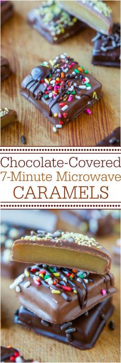 
                    
                        Chocolate-Covered 7-Minute Microwave Caramels - Never fear candy-making again with this no-candy-thermometer, goofproof recipe! The best and easiest caramels ever! Great for holidays and gifts!
                    
                