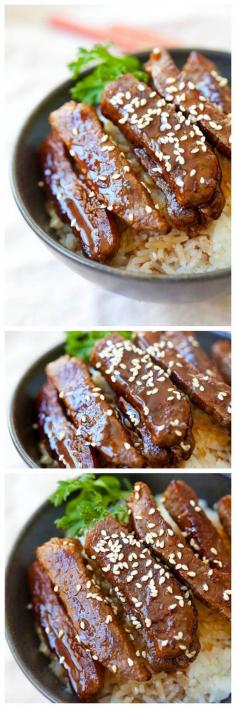 Beef Teriyaki -8 oz beef flap meat or tenderloin Oil, for pan-frying  Marinade  1/2 tablespoon soy sauce 1/2 tablespoon Japanese cooking sake  Teriyaki Sauce (Tare)  2 tablespoons soy sauce 2 tablespoons Japanese cooking sake 2 tablespoon sugar 2 tablespoon mirin (sweet rice wine) 1 teaspoon cornstarch (mixed with 1 teaspoon water)  Garnishing  White sesame seeds Some chopped scallions, optional