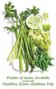 
                    
                        Platter of Green Crudités served with Healthy Green Goddess Dip. Get the easy to make and healthy avocado and buttermilk recipe at This Mama Cooks! On a Diet
                    
                