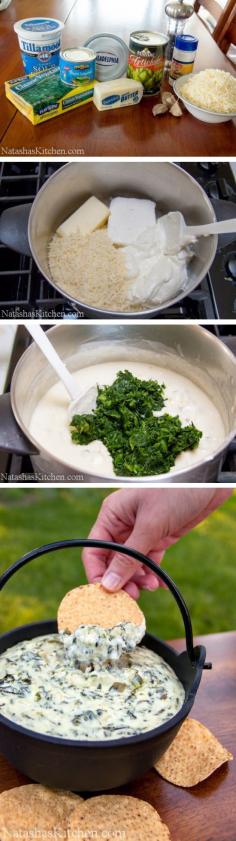 Spinach Artichoke Dip Recipe - 8oz cream cheese; 16 oz sour cream; 1 stick (8 tbsp) unsalted butter; 1½ - 2 cups shredded Parmesan cheese; 14 oz artichoke hearts; 4 oz can diced jalapeños; 10 oz frozen spinach; 2-3 garlic cloves