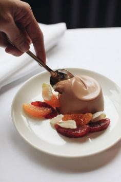 
                    
                        chocolate panna cotta with citrus & candied rose petals + flora
                    
                