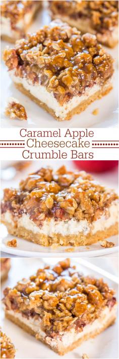 Caramel Apple Cheesecake Crumble Bars - Delicious #dessert! Move over apple pie!